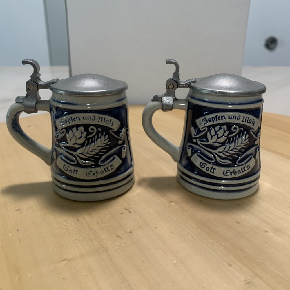 Pair Vtg Gerz W Germany Mini Lidded Beer Stein Hopfen und Malz Schnapps Cup 2.5"